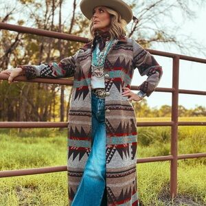 Geometric Patterned Black and Blue Women's long line Coat